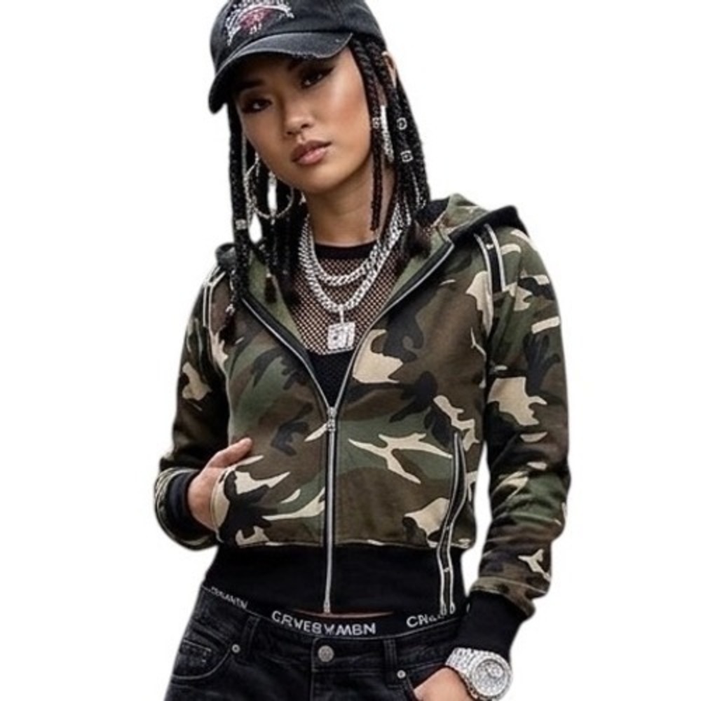 Raw Blue Lady Camo Zip Up Hoodie Shoulder Buckle Detail Cropped Green Brown XS